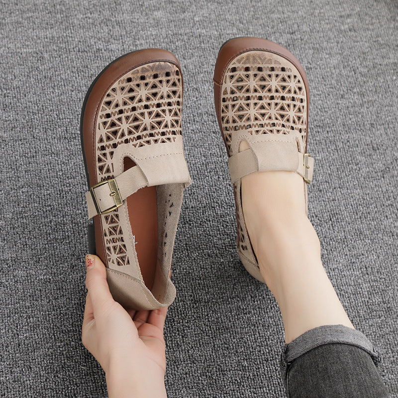 Leather Breathable Hollow-Out Flat Shoes With Buckle Accents