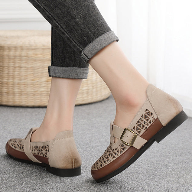 Leather Breathable Hollow-Out Flat Shoes With Buckle Accents