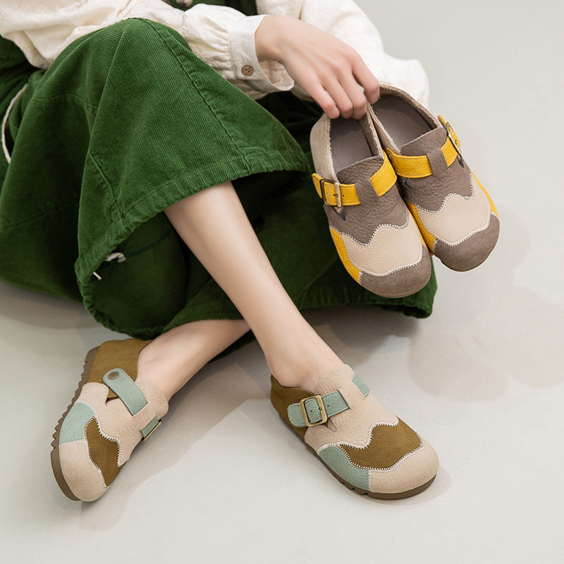 Leather Color-Blocked Versatile Flat Shoes