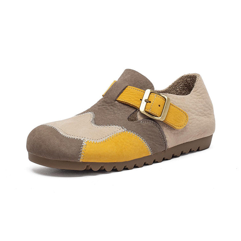 Leather Color-Blocked Versatile Flat Shoes