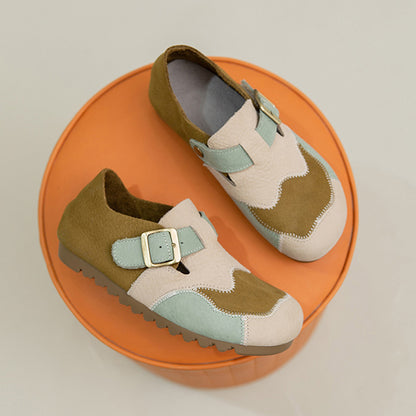 Leather Color-Blocked Versatile Flat Shoes