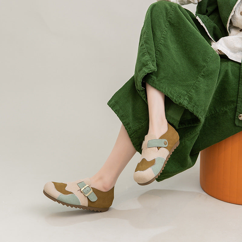 Leather Color-Blocked Versatile Flat Shoes