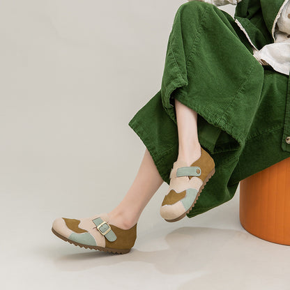 Leather Color-Blocked Versatile Flat Shoes