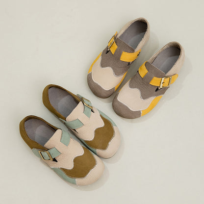 Leather Color-Blocked Versatile Flat Shoes