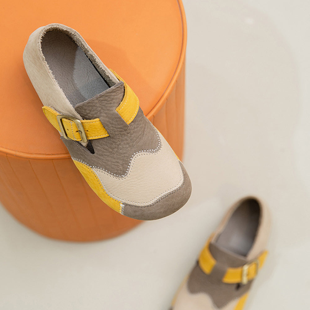 Leather Color-Blocked Versatile Flat Shoes