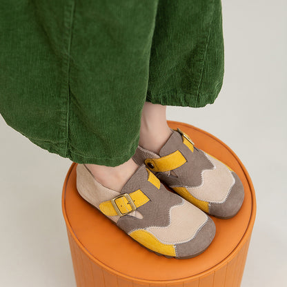 Leather Color-Blocked Versatile Flat Shoes