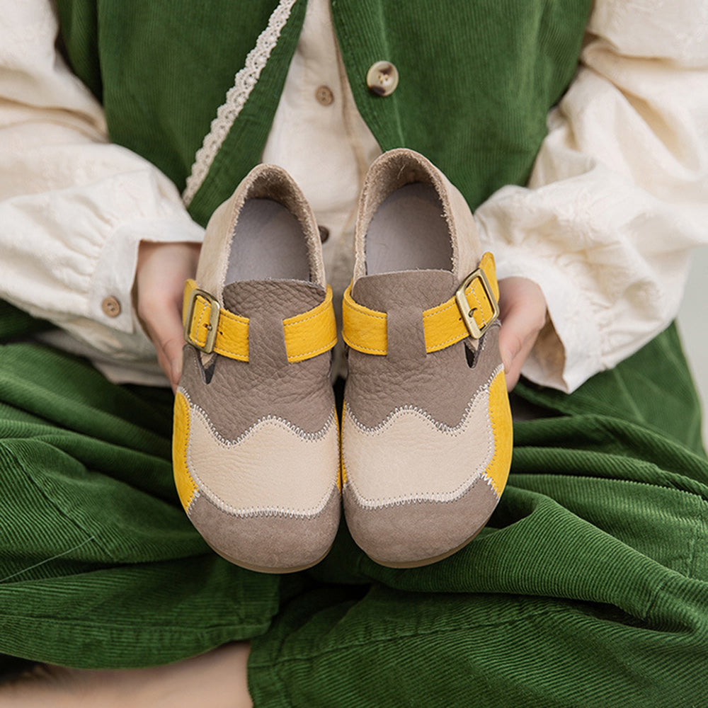 Leather Color-Blocked Versatile Flat Shoes
