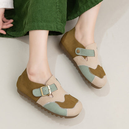 Leather Color-Blocked Versatile Flat Shoes
