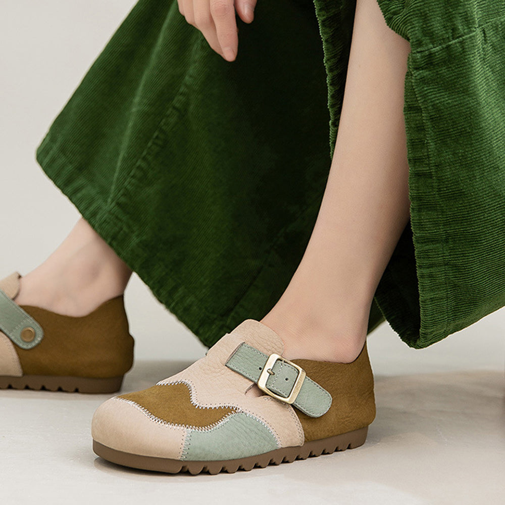 Leather Color-Blocked Versatile Flat Shoes