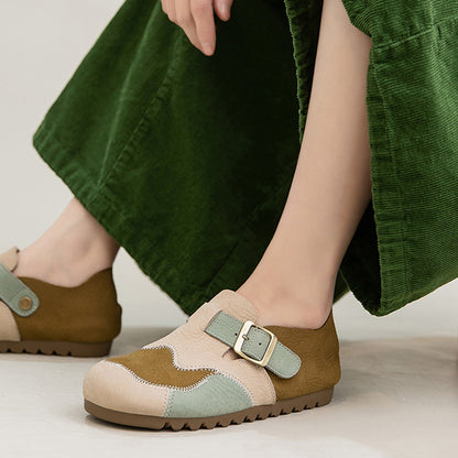 Leather Color-Blocked Versatile Flat Shoes