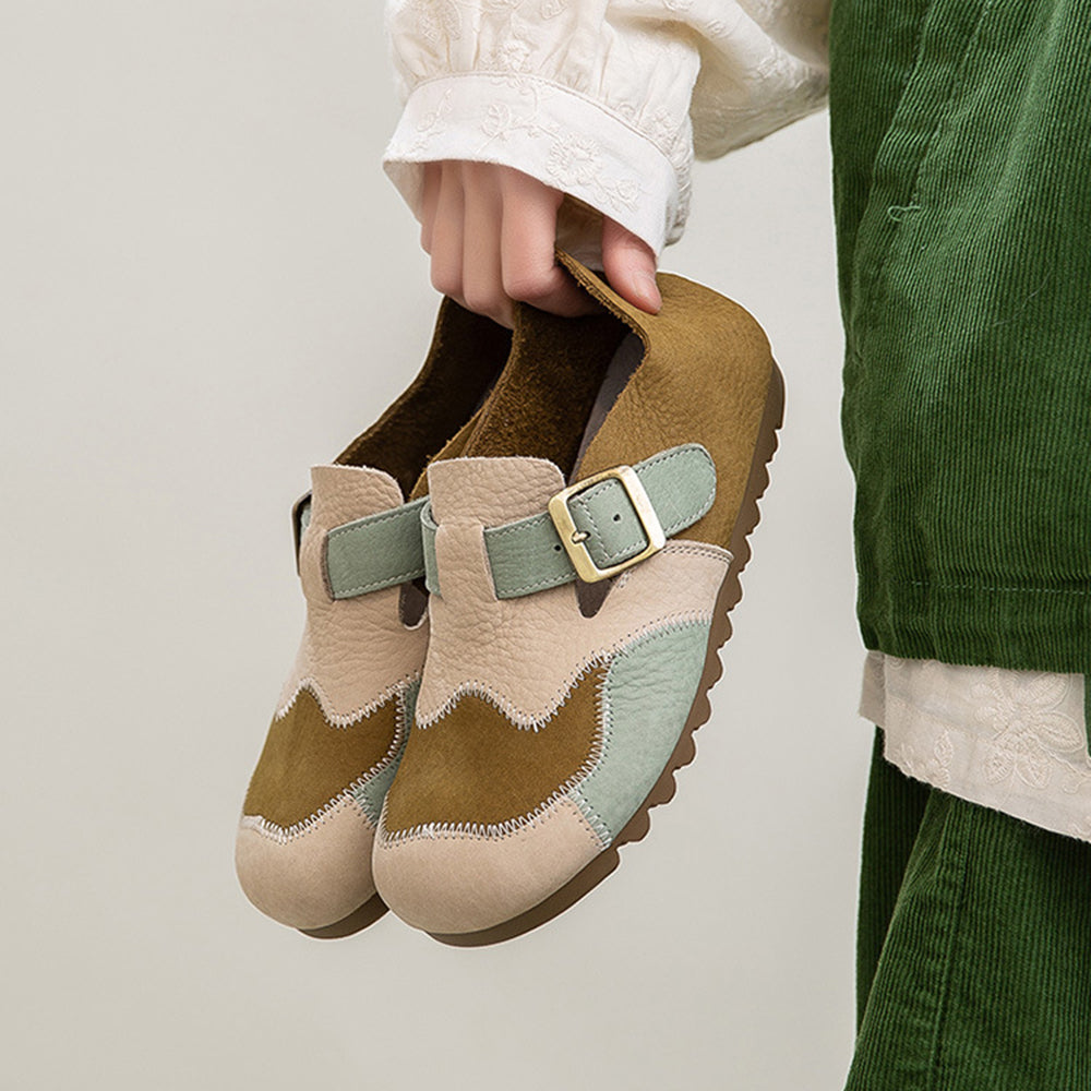 Leather Color-Blocked Versatile Flat Shoes