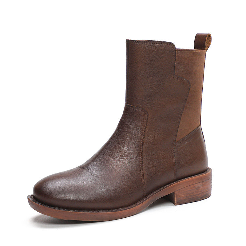 Leather Elastic Short Martin Boots With Side Zippers