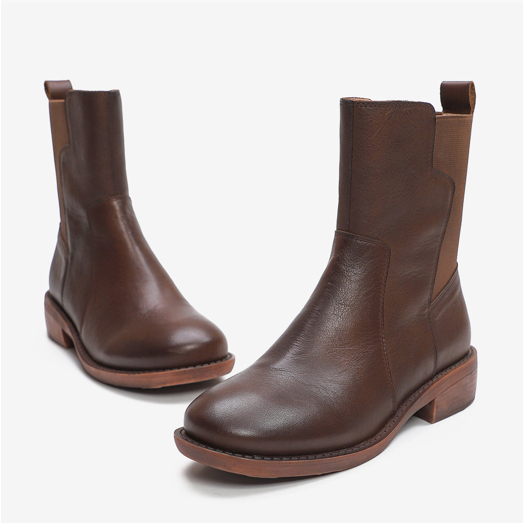 Leather Elastic Short Martin Boots With Side Zippers