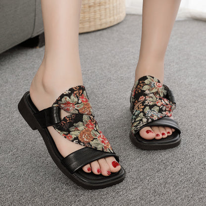 Linen Printed Fashion Open Toe Genuine Leather Slippers
