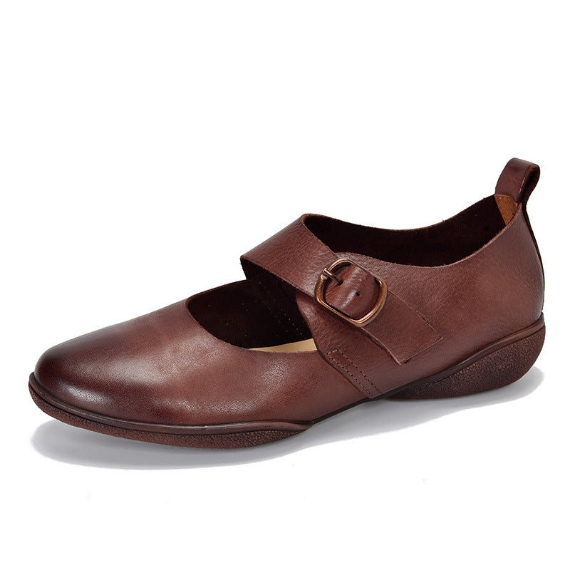 Mary Jane Soft Round Toe Leather Shoes with Buckle Accents