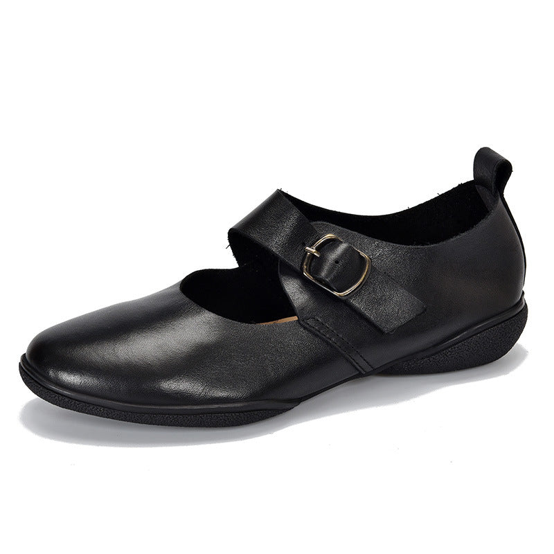 Mary Jane Soft Round Toe Leather Shoes with Buckle Accents