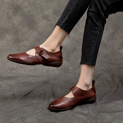 Mary Jane Soft Round Toe Leather Shoes with Buckle Accents