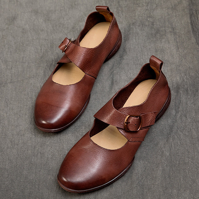 Mary Jane Soft Round Toe Leather Shoes with Buckle Accents