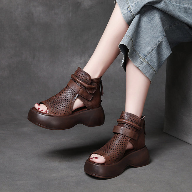 Peep Toe Hollow-out Breathable Rear Zipper Platform Sandals
