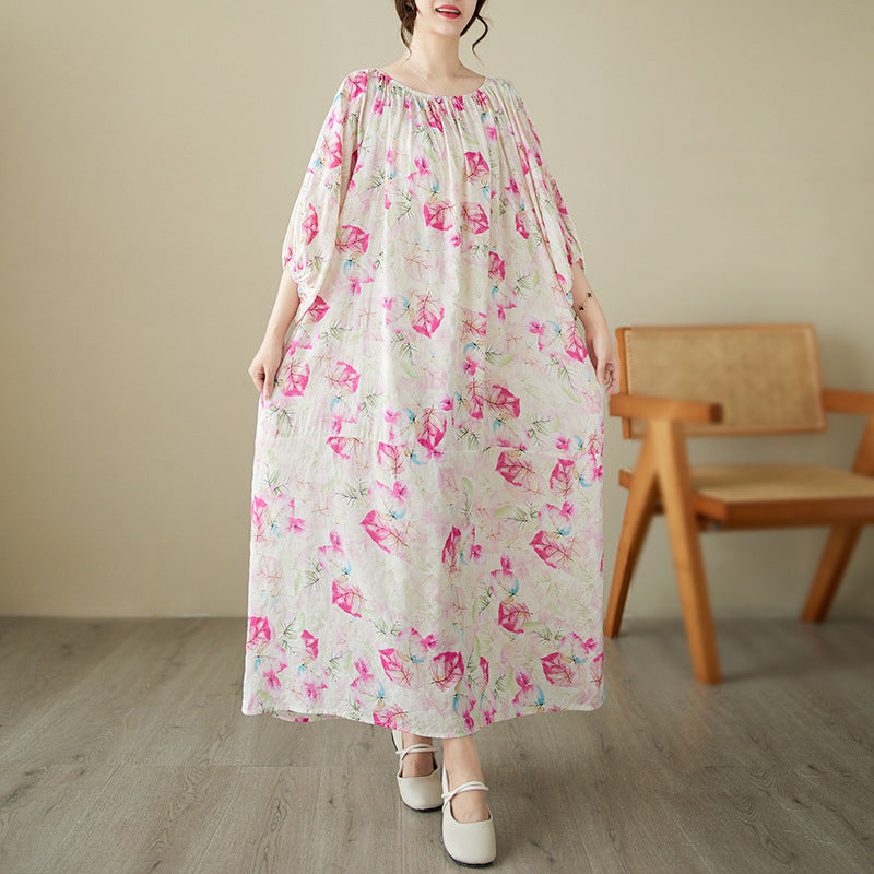 Pink Leaf-print Loose Fit Maxi Dress