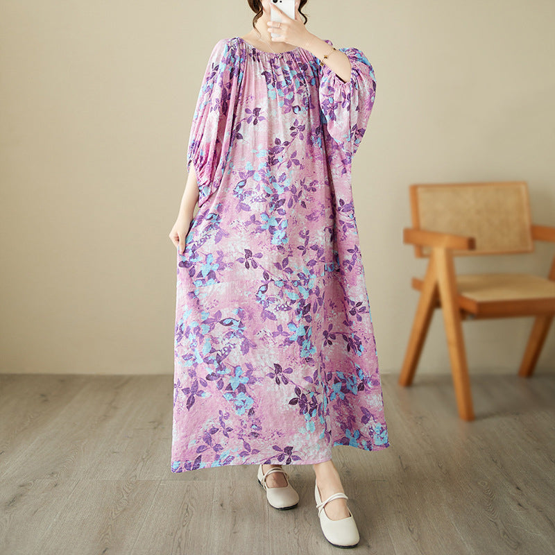 Purple Leaf-print  Maxi Dress