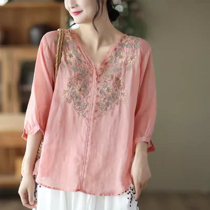 Ramie Embroidery V-neck Blouse