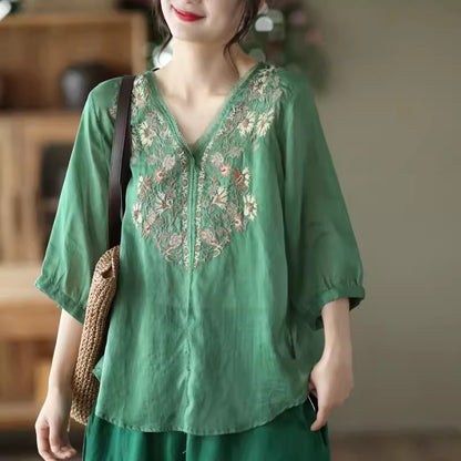 Ramie Embroidery V-neck Blouse