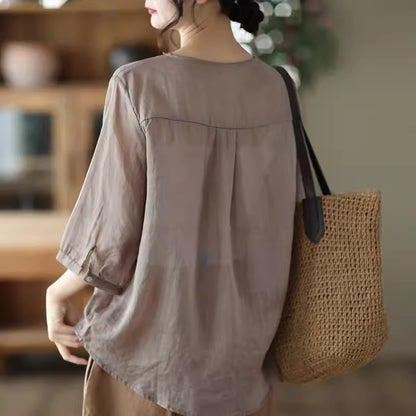 Ramie Embroidery V-neck Blouse