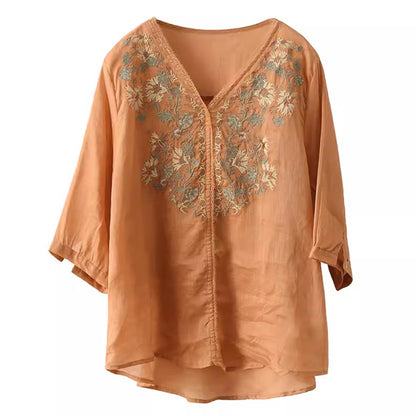 Ramie Embroidery V-neck Blouse