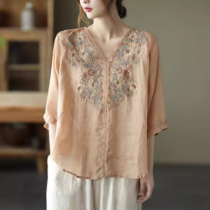 Ramie Embroidery V-neck Blouse