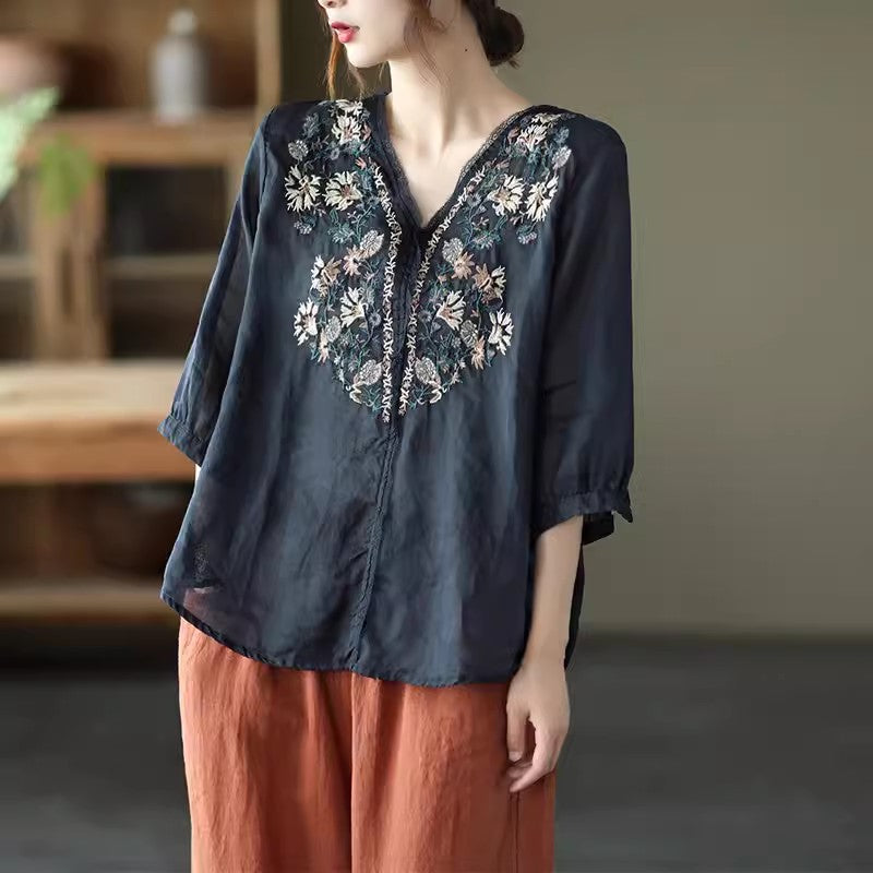 Ramie Embroidery V-neck Blouse