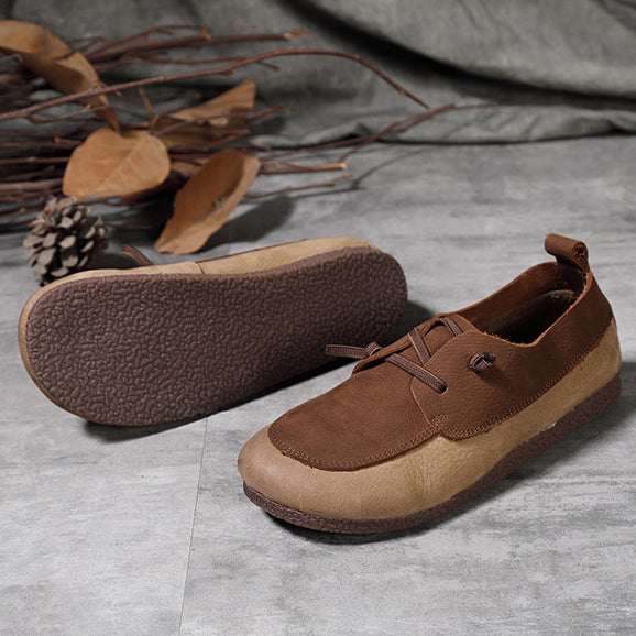Retro Color-Block Stitching Leather Casual Flats Shoes 35-41