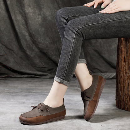 Retro Color-Block Stitching Leather Casual Flats Shoes 35-41