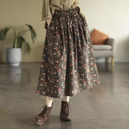 Retro Corduroy Floral High-Rise A-line Skirt