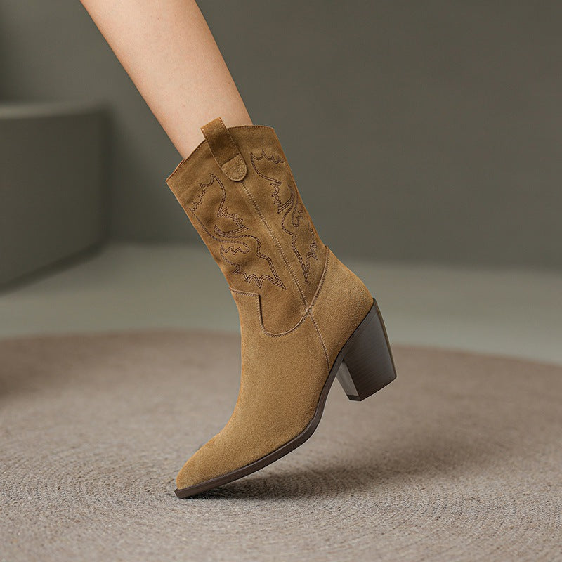 Retro Embroidered Suede Leather Chunky Heels Boots