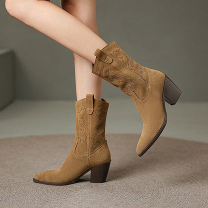 Retro Embroidered Suede Leather Chunky Heels Boots