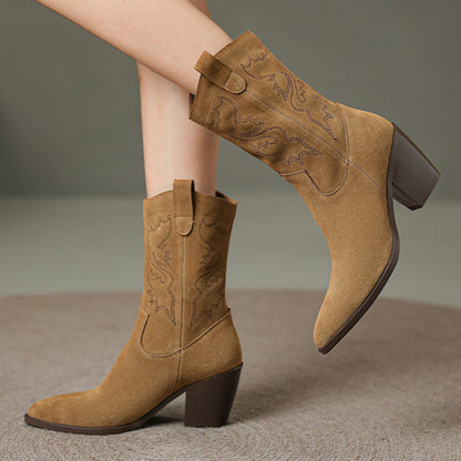 Retro Embroidered Suede Leather Chunky Heels Boots