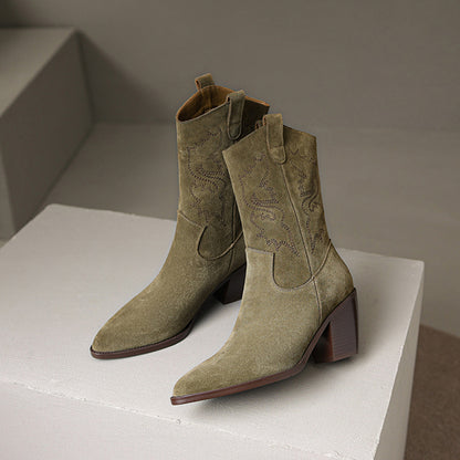 Retro Embroidered Suede Leather Chunky Heels Boots