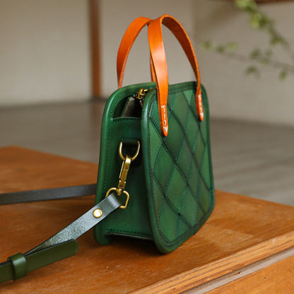 Retro Green Rhombus Leather Crossbody Bag