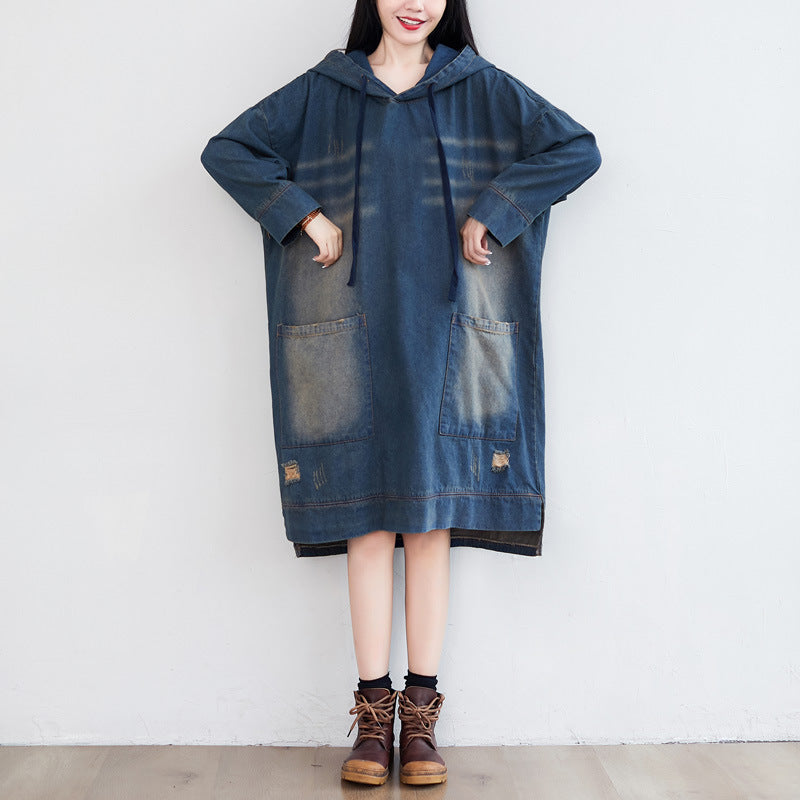 Retro Hooded Distressed Loose Fit Denim Dress