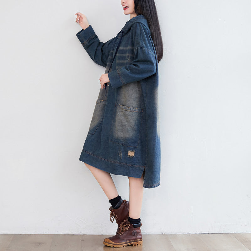 Retro Hooded Distressed Loose Fit Denim Dress