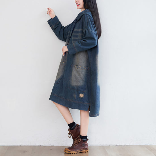 New Vintage Wash Denim Loose Relaxed Long Sleeve Ragged Dress