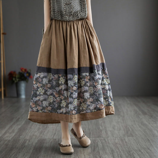 Retro Linen A-line Patch Floral Skirt