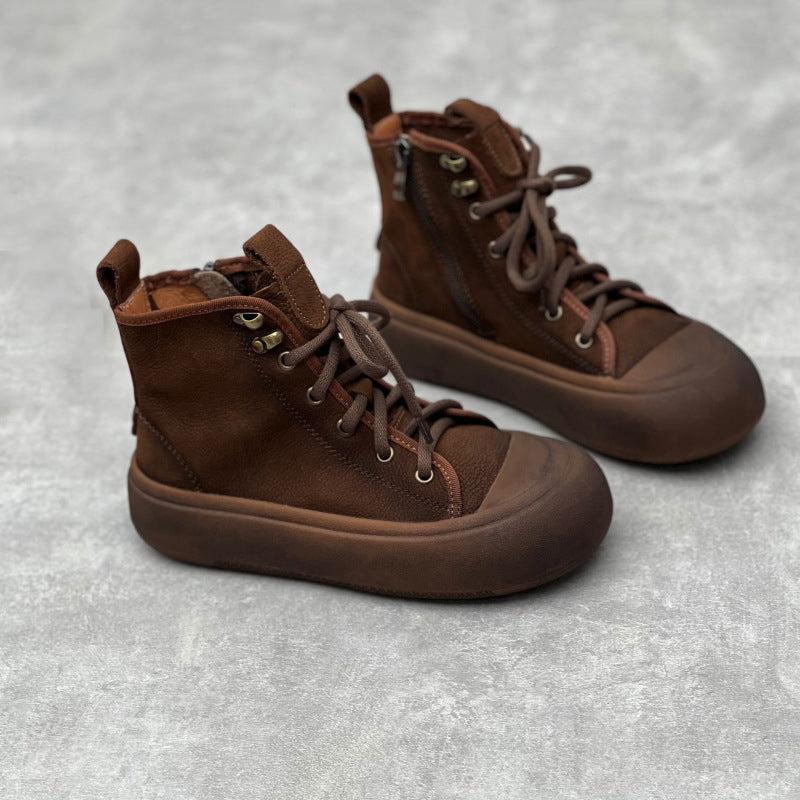 Retro Round Toe Lace-up Casual Leather Boots