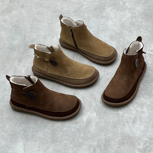 Retro Round Toe Plush Winter Leather Boots