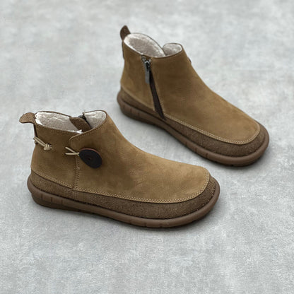 Retro Round Toe Plush Winter Leather Boots