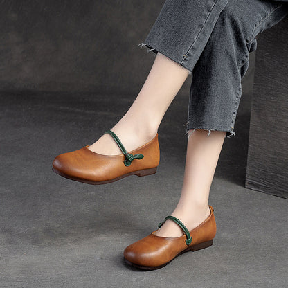 Retro Style Mary Jane Flat Shoes With Knob Knot Accents