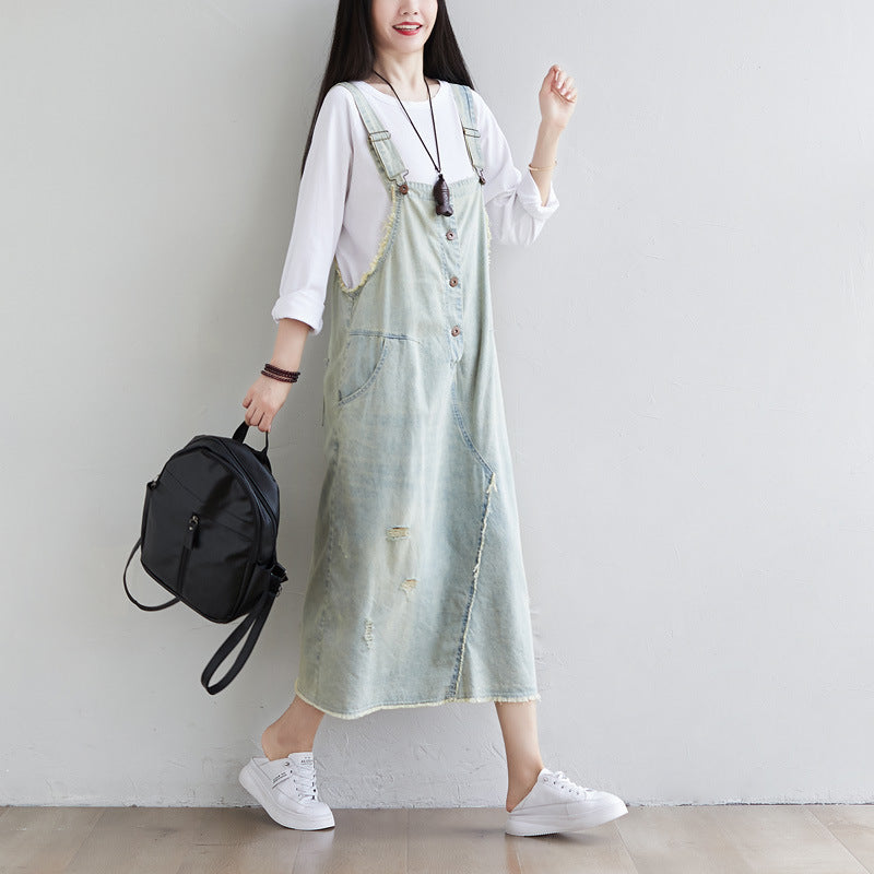Retro Washed Denim Loose Fit Ripped Strap Dress
