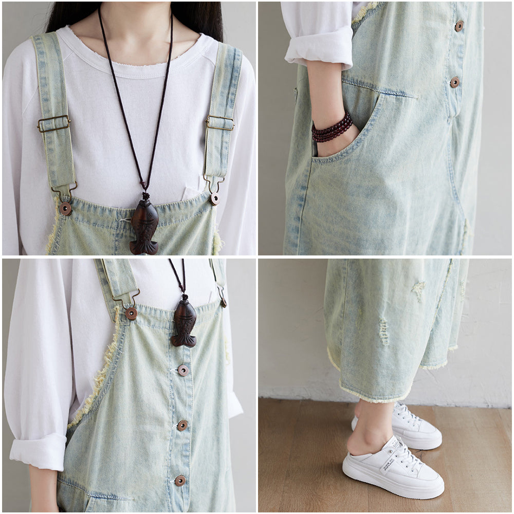 Retro Washed Denim Loose Fit Ripped Strap Dress