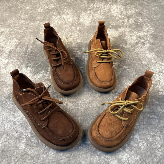 Retro Women Handmade Round Toe Lace Up Casual Leather Shoes